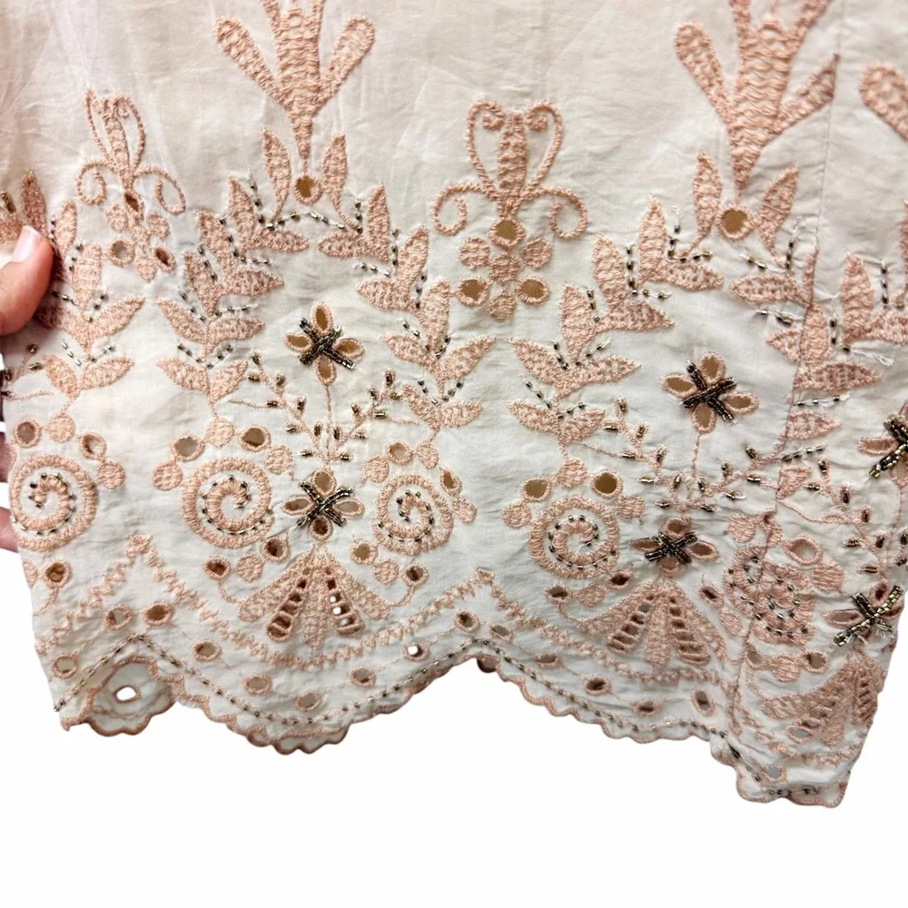 ZARA Embroidered Floral Wide Leg‎ Pants Beige Drawstring Size XS New